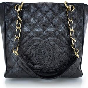 CHANEL Black Quilted Caviar Leather Tote with Gold Chain Straps